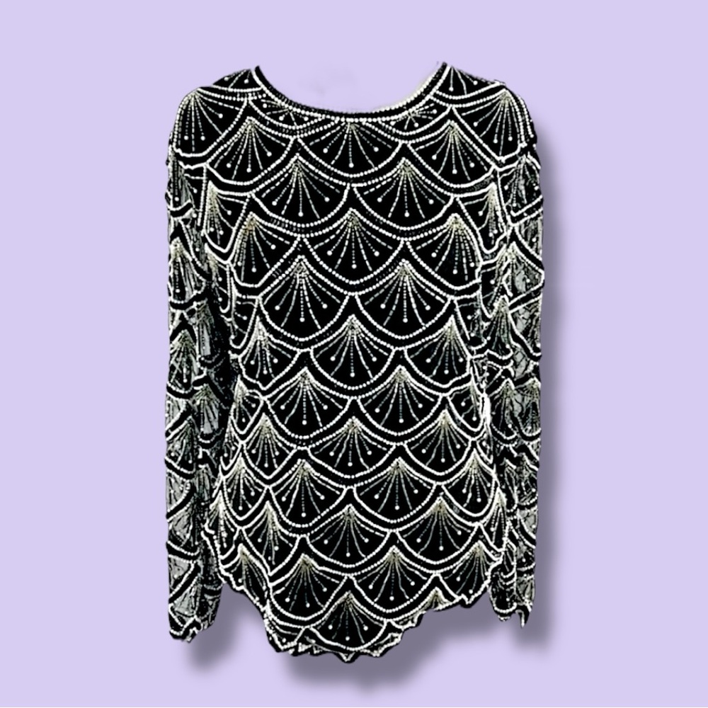 LAURENCE KAZAR VTG black white beaded top scallop designed sheer long sleeve M - Picture 7 of 14